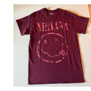 NWOT Hot Topic Floral Nirvana Smiley Maroon Tee